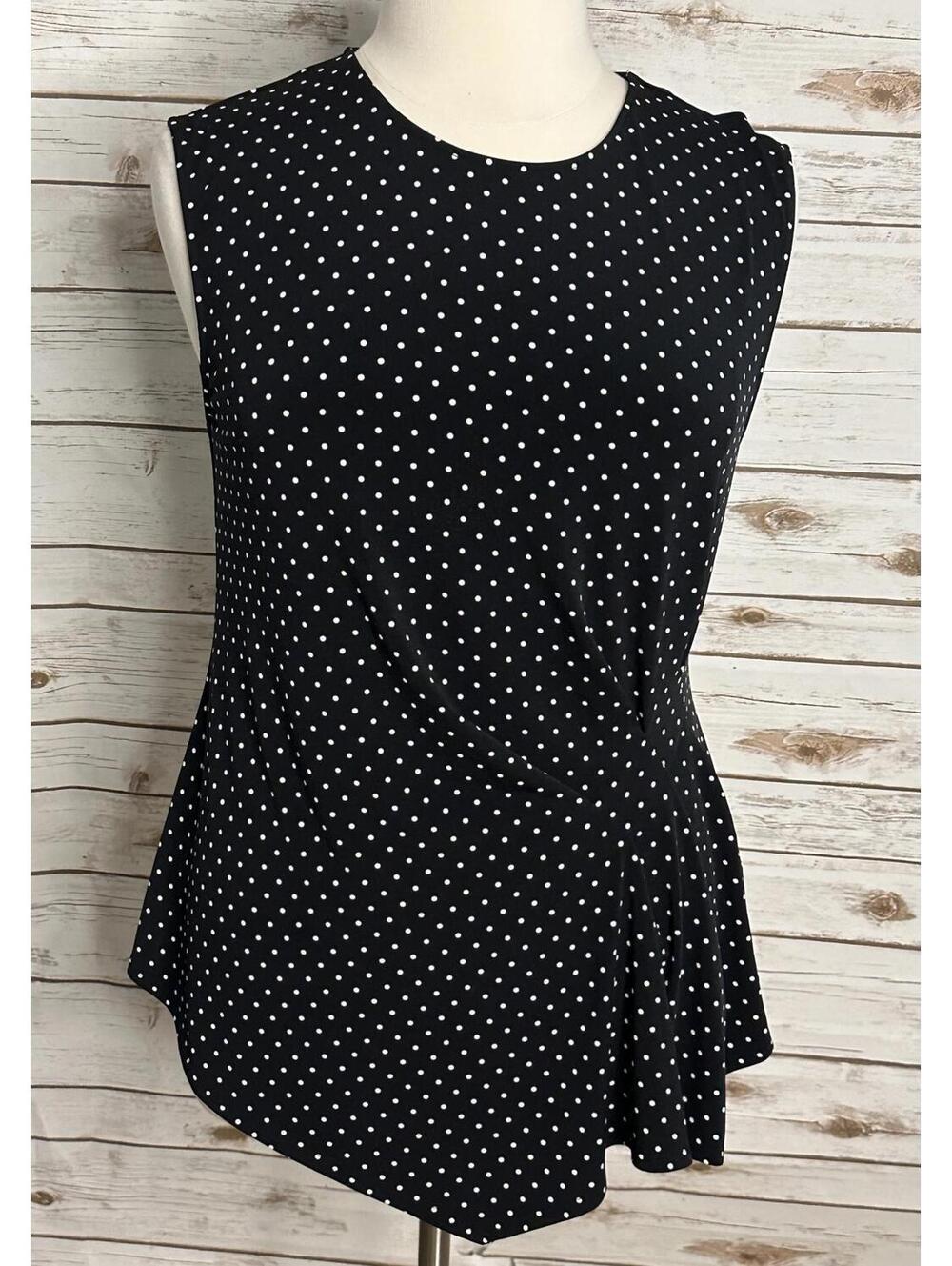 Vince Camuto black/white polka-dot sleeveless draped asymmetrical hem blouse XL
